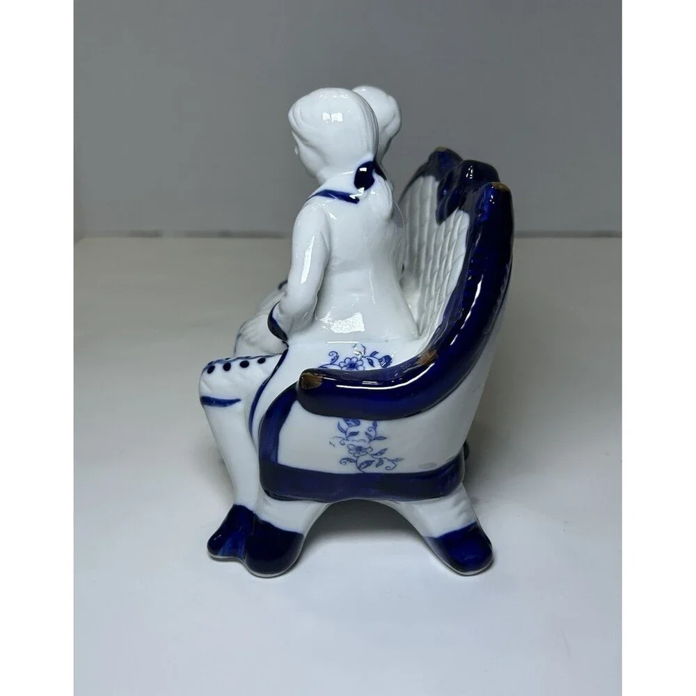 Vintage Victorian/Colonial Porcelain Couple On Sofa White/Blue Home Decor